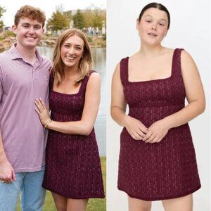 Hill House Bennett Mini Dress Burgundy‎ Red Tweed Square Neck Size XL